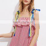 Cute Ruffled Hem Self Tie Dress, Ladies Red Cotton Sleeveless Dress thumbnail-6