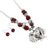 24" Red Beaded Silvertone Elephant Necklace and Earring Set