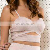 Sexy Women Strap Cross Back Faux Suede Backless Halter Top thumbnail-2