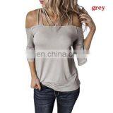 European and American Women's Clothing Autumn New Wish Explosion Style Word Shoulder Strap Flared Sleeve T-shirt Female thumbnail-4