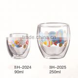 CE/EU/FDA/SGS/LFGB MOUTH BLOWN DOUBLE WALL GLASS CUP FOR COFFEE/TEA/WATER/BEER/JUICE WITH DECAL