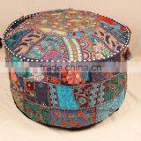 Blue Vintage Sari Fabric Round Ottoman Cover Bohemian Footstool Gypsy Antique Pouffe Cushion thumbnail-1
