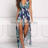 Navy Tie Back Leaf Print Women Maxi Long Party Dress Girls Without Dress Sex Picture HSd5187 thumbnail-5