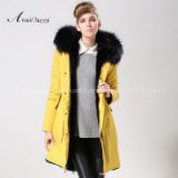 2017 Top Selling Long Style coat , black big faux fur collar,yellow lamb wool for parka,