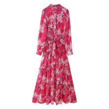 Spring and Summer New European and American Style Women's Clothing Fashion Temperament Long Sleeved Layered Belt Decoration Long Dress thumbnail-3