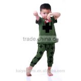 New coming stylish black cross army green cotton set comfortable child clothes plaid shirt pant boy