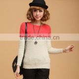 OEM ladies fashion O-neck long sleeve contrast color knit woman sweater