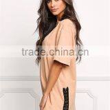 MGOO Fashion Custom Made 95% Cotton 5% Spandex 220g Nude V Cut Out Side Lace Up Shirts Tunic Tops thumbnail-5