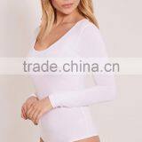 Sexy Tight Ladies Jumpsuit With High Leg Basic White Scoop Neck Thong Bodysuit Long Sleeve thumbnail-6