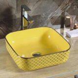 2018 Latest Square Yellow Ceramics Bathroom Tabletop no Hole Wash Hand Basin Sink