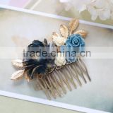 Dark Blue Navy Blue Flower Hair Comb, Gold Dusky Blue Ivory Rose Gold Leaf Hair Comb, Navy Blue Wedding Bridal Comb