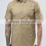 Plus Size Short Sleeve Point Collar Mens Pre-Shrunk 97% Cotton 3% Elastane Breathable Slim Fit Casual Khaki Solid Color Shirts thumbnail-3