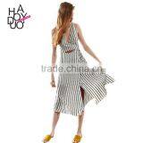 HAODUOYI Sexy Stripe Lace-up Slit Women Dress V-neck Sleeveless Hollow Out Ladies Vestidos Front Double Ruffles for Wholesale thumbnail-1