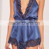 2017 Hot Sale Sexy V Neck Lace Trim Satin Pyjama Set Blue Lace Teddy Elasticated Waist Halter Back Strap Sleepwear thumbnail-5