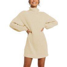 SW07 Women Turtleneck Long Lantern Sleeve Sweater Dress Winter Casual Loose Knit Oversized Pullover Dresses thumbnail-2