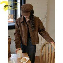 Coffee Suede Coat Women's New Autumn Vintage Lapel Senior Sense Niche Short Jacket Top thumbnail-3