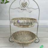 Two Tier Rustic Metal Stand with Wicker Plate and wicker heart and Ribbon Bow Decorated (46H-097)