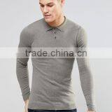Custom Long Sleeve Three Button Placket Men's 100% Cotton 200gsm Lightweight Knit Casual Tight Slim Fit Grey Polo Shirt thumbnail-1