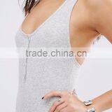 2016 Fashion Plunge Neckline Sexy Women Bodysuit Racer Back Plain Cotton Bodysuit Grey With Button Front thumbnail-2