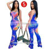 Women Sleeveless Tie Dye Print Skinny Spaghetti Strap Bodycon Long Stacked Bell Bottom Flare Jumpsuit Romper One Piece Outfit thumbnail-5