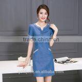 Lastest Design Oem Spring Blue V-neck Short Sleeve Denim Wash Double Shirt Ladies Dresses thumbnail-4
