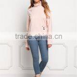 MGOO Customized Pink Distressd Hoodies For Ladies 100 Cotton Terry Tops Turtle Neck Long Sleeves Sweatshirts thumbnail-3