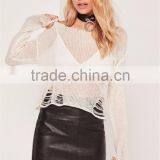 MGOO Newest Design Women Knitwear Sweater Drop Shoulder Loose Neck Distressed Ladder Jumper Cream thumbnail-3