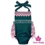 HYB145 Lovebaby Wholesale Navy Color Cheap 100% Cotton Stripe Back Romper With Pink Lace Ruffle Trim Organic Cotton Baby Cloth thumbnail-1