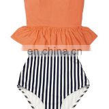Long Peplum Top and Navy Blue White Striped Vertical High Waist Waisted Swimsuit Bikini set Bathing Swimwear