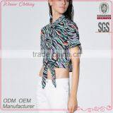Custom OEM Service Women All Over Printed Swallow Tail Short Sleeve Lady Blouse & Top With Stand Collar thumbnail-1