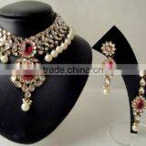 Gold Tone Kundan Pearl Choker Necklace Earring Set thumbnail-5