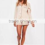 Custom Design Plain Nude Satin Pyjama Set With Contrast Burgundy Piping Button Top With Shorts thumbnail-5