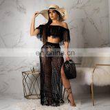 Summer Crochet Dress Beach Wear 2 Piece Crop Top And Skirt Set For Women Long Sleeve Tassels Slash Neck Two Piece Knit Sets thumbnail-6
