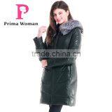 Winter Women Medium Length Slim Fit Leather Coat With Silver Fox Hat Overcoat thumbnail-2