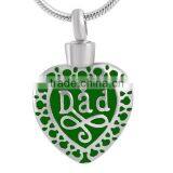 SRP8374-Green Filigree Dad in Heart Creamation Jewelry Memorials Keepsake Necklace Stainless Steel Cremation Heart Pendant