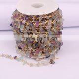 Natural Fluorite Nugget Quartz Chip Bead Rosary Chain, Gold Plated Wire Wrapped Chain thumbnail-2