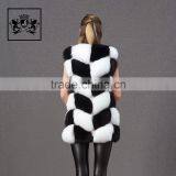 Beautiful black white color fur hand sewing long fur vest women real fox fur gillets