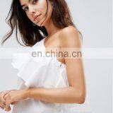 Ladies Latest White Cotton Shirt Cheaper Wholesale Ruffle Design for Women thumbnail-2