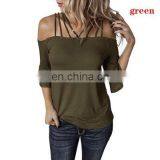 European and American Women's Clothing Autumn New Wish Explosion Style Word Shoulder Strap Flared Sleeve T-shirt Female thumbnail-5