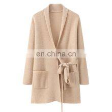 Luxury 100% Knitted Mid-Length Coat for Ladies Thick Cashmere Cardigan With Belt thumbnail-1