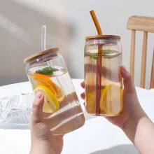 Hot Selling Round Transparent Empty 500ml Borosilicate Crystal Glass Juice Coffee Water Bottles With Straw thumbnail-1