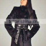 RBT13008 Rabbit Fur Coat With Leahter Belt