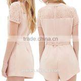 Pink Wrinkled Round Neckline Short Sleeve Belt Waist Short Jumpsuit thumbnail-1