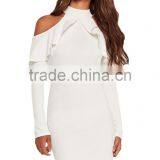 Women Frill Cold Shoulder Long Sleeve Mini Short Bodycon Club Dress White thumbnail-2