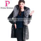 2015 Winter Medium Length Women Leather Jacket With Brown Fox Hat Overcoat thumbnail-2