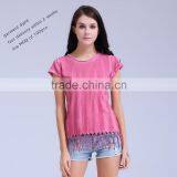 2017 new popular quick production low MOQ garment dyed women top with braid fringes