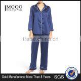 Hot Sale Women Long Pajamas Set Long Sleeve Button Top With Long Pants White Piping Pyjama Set Navy Blue thumbnail-1