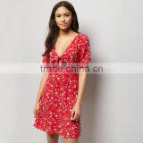 RED Self Bow V-neck Women Printed Short Sleeve Dress thumbnail-3