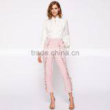 Frilled Women's Tailored Fitted Pants High Waist Pink Cropped Trousers thumbnail-2