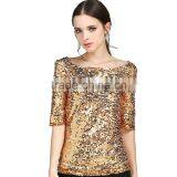 Womens Sequin Paillette Detail Golden Hot Gilrs Tight Shirt thumbnail-1
